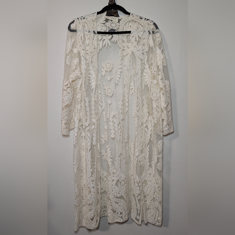 Audrey 3+1 White Lace Maxi Duster Embroidery Cottage Ethereal Fairy Women Size L